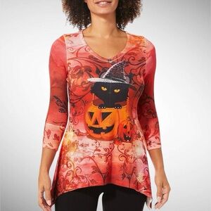 One World Petite V-Neck Halloween Print Tee with Sharkbite Bottom 3/4-Sleeves